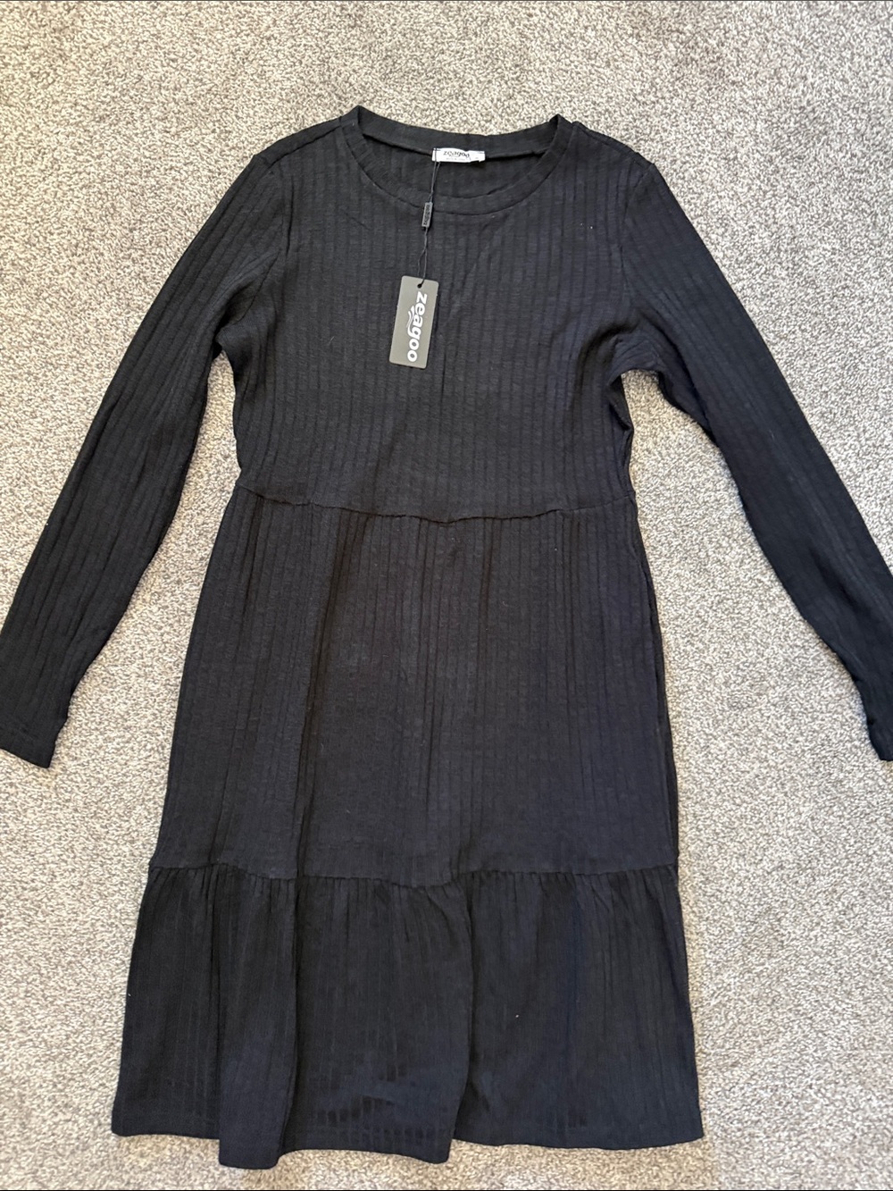 zeagoo Black Ribbed Tiered Long-Sleeve Midi Dress